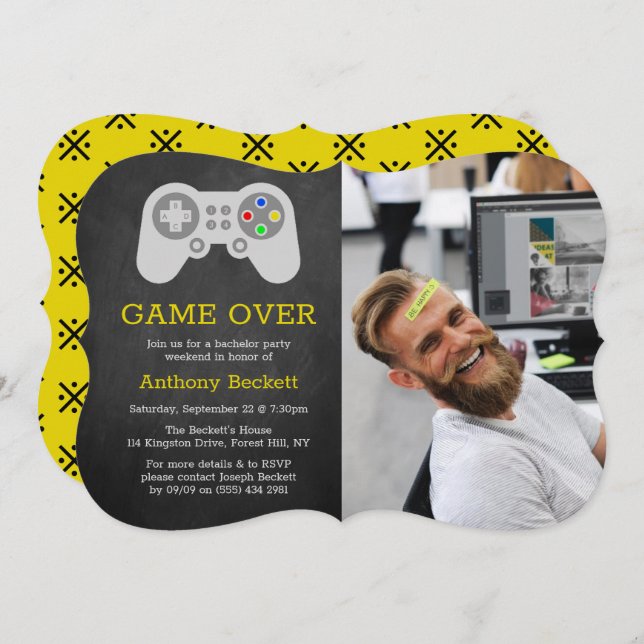 Modern Game Over Photo Bachelor Party Invitations (Front/Back)