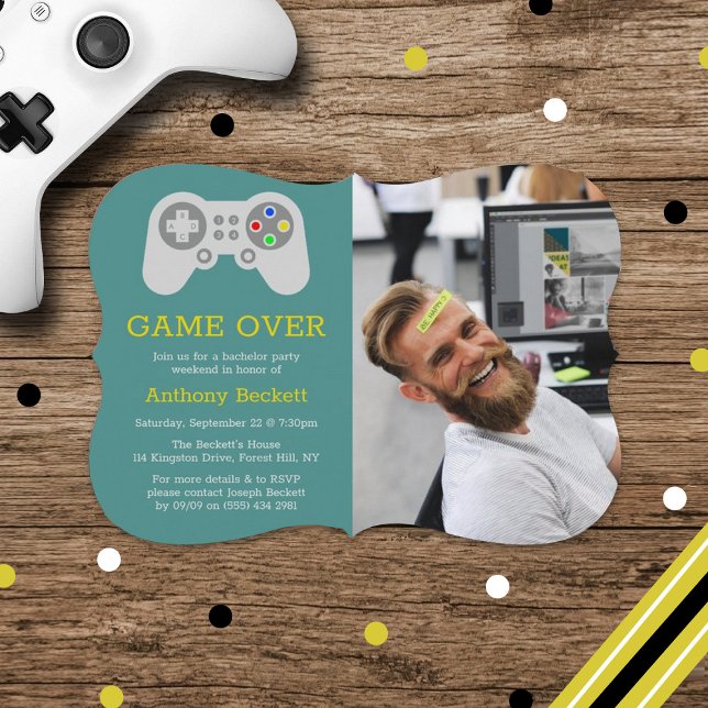 Modern Game Over Photo Bachelor Party Invitations (Creator Uploaded)