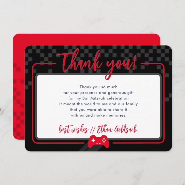 MODERN GAMING THANKS Bar Mitzvah black red Thank You Card (Front/Back)