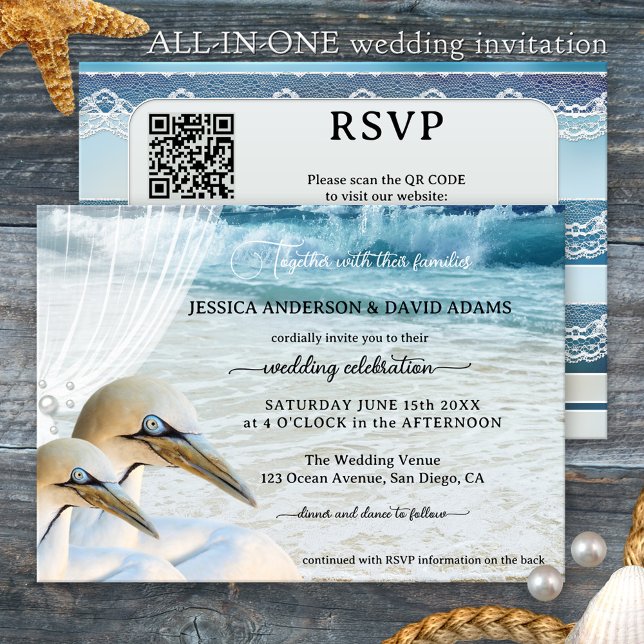 Modern Gannets All-in-One Beach Wedding Invitation (Beach or destination wedding invitation featuring two gannets - unique romantic invite)