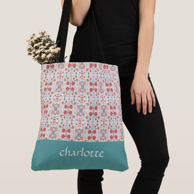 Modern Garden Pattern Monogrammed Tote Bag (Close Up)