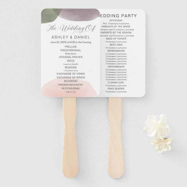 Modern Garden Watercolor Circles Wedding Program Hand Fan (Front and Back)