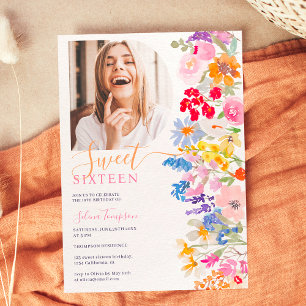 Modern garden wildflowers script Sweet 16 Invitation