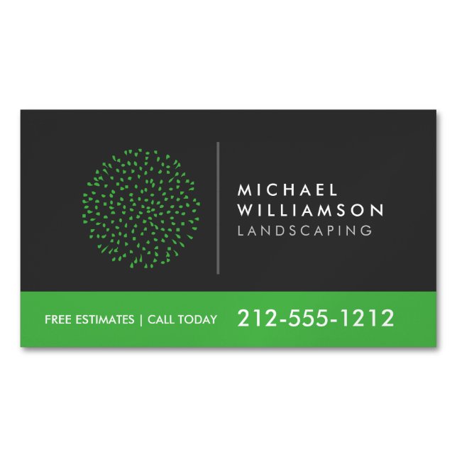 Modern Gardener Landscaping Shrub Logo Dark Grey Magnetic Business Card (Front)