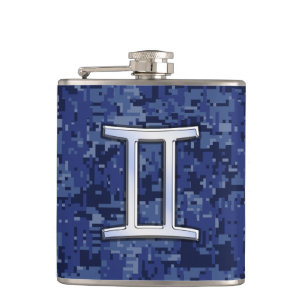 Modern Gemini Zodiac Sign Navy Blue Digital Camo Hip Flask