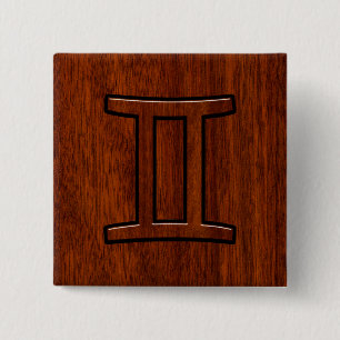 Modern Gemini Zodiac Symbol on Mahogany like print 15 Cm Square Badge