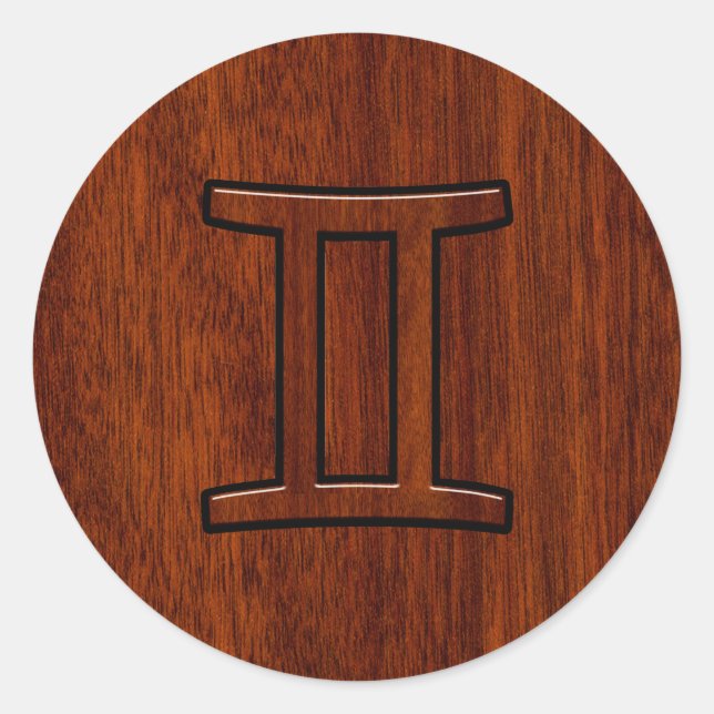 Modern Gemini Zodiac Symbol on Mahogany like print Classic Round Sticker (Front)