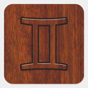 Modern Gemini Zodiac Symbol on Mahogany like print Square Sticker