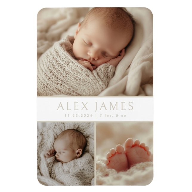 Modern Gender Neutral Beige Photo Collage New Baby Magnet (Vertical)