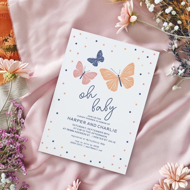 Modern Gender Neutral Butterfly Baby Shower  Invitation (Simple and modern baby shower invitation featuring butterflies and elegant typography.)