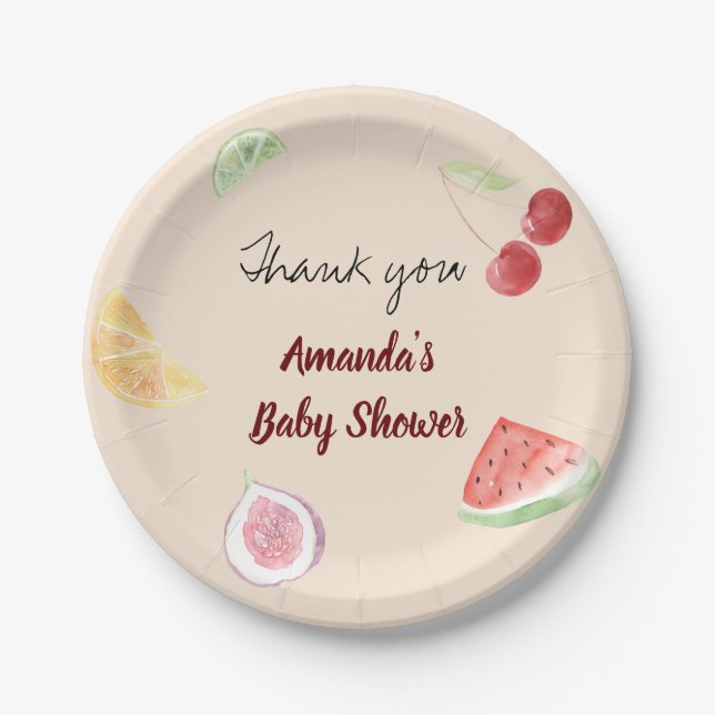 Modern Gender Neutral Watercolor Fruit Baby Shower Paper Plate (Front)