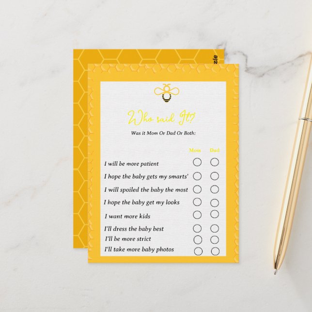 Modern gender reveal party games bumble bee themes postcard (Front/Back In Situ)