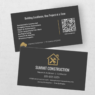 Modern General Contractor Black Gold QR Code  Business Card