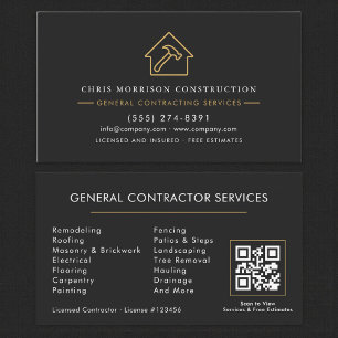 Modern General Contractor Black Gold QR Code Business Card