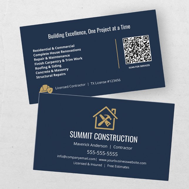 Modern General Contractor Blue Gold QR Code  Business Card (Creator Uploaded)