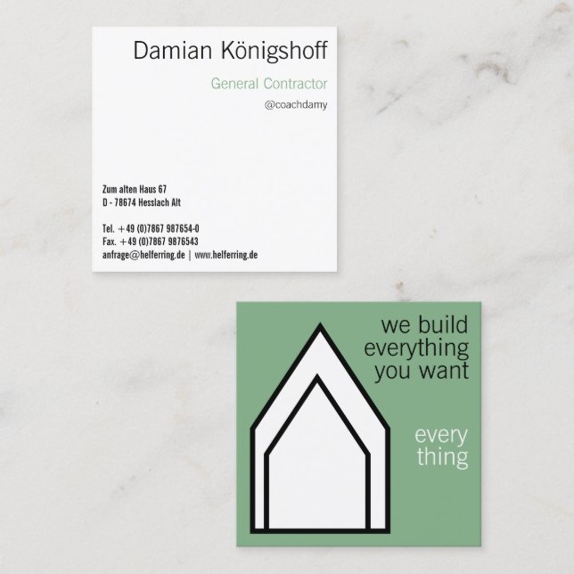 Modern General Contractor Building House Square Business Card (Front/Back)