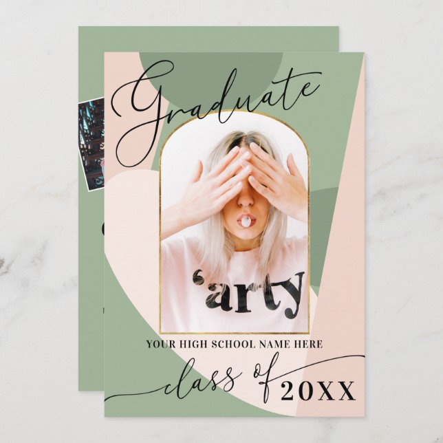 Modern Geo Sage Green Dusty Pink Photo Graduation Announcement (Front/Back)