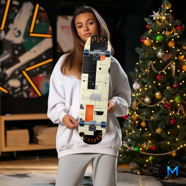 Modern Geometric Abstract in Cream and Orange Skateboard (Creator Uploaded)