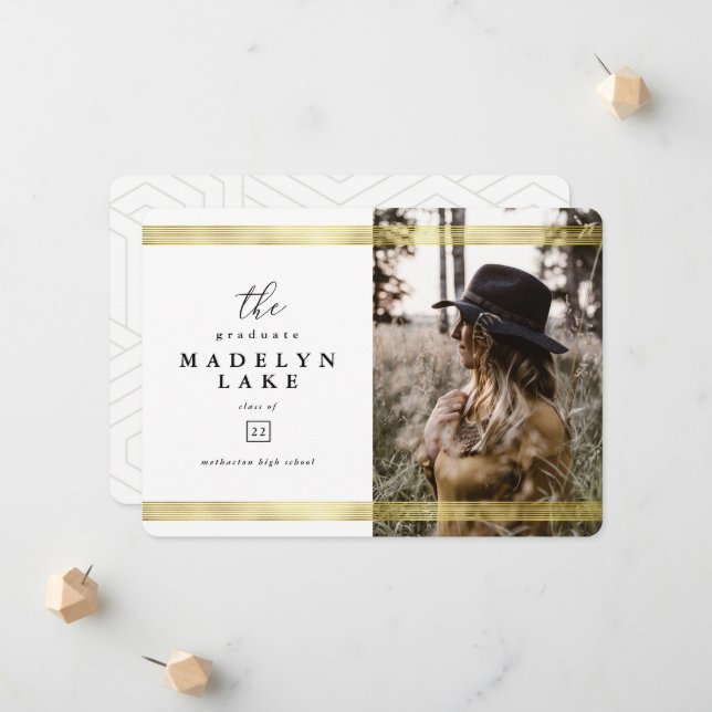 Modern Geometric and Gold Stripe Photo Graduation Announcement (Front/Back In Situ)