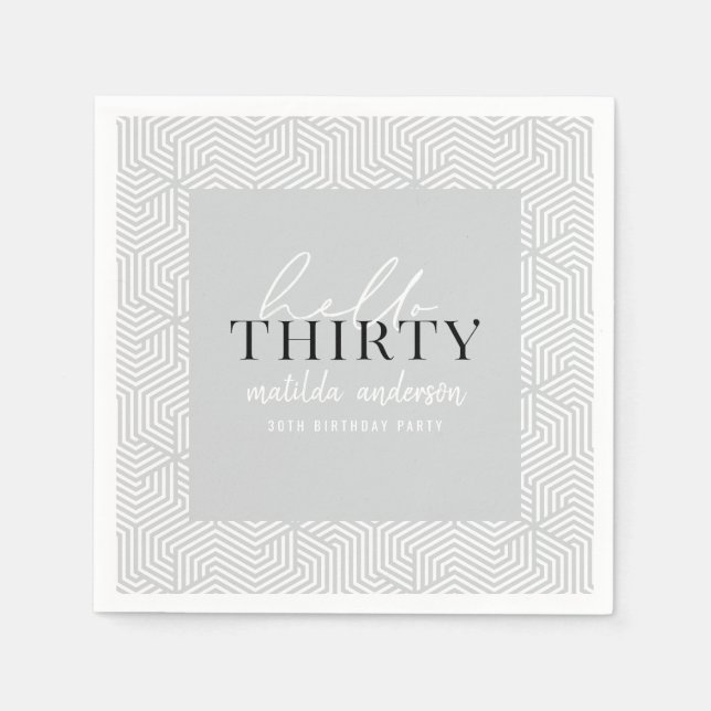 Modern geometric and script 30th birthday party napkin (Front)