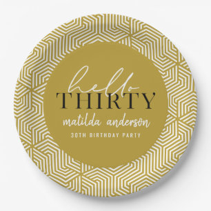 Modern geometric and script 30th birthday party paper plate
