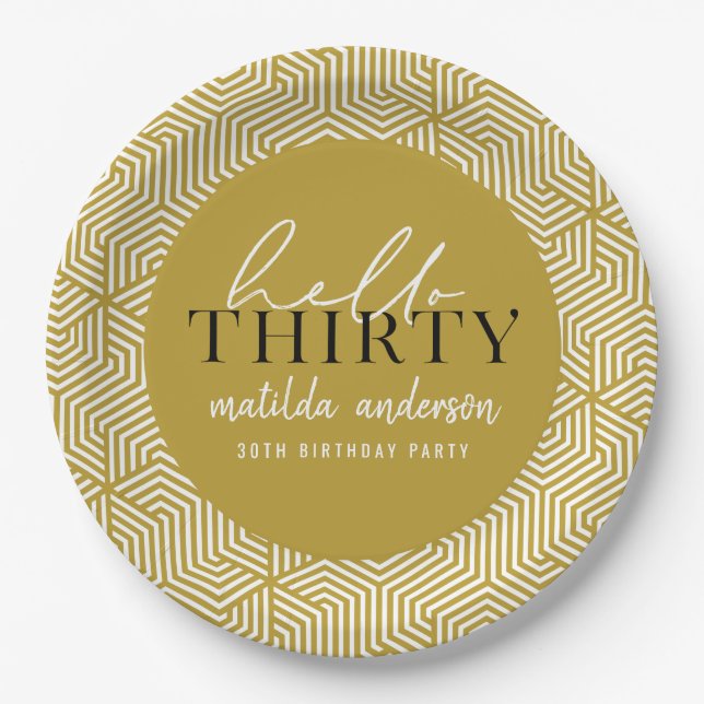 Modern geometric and script 30th birthday party paper plate (Front)