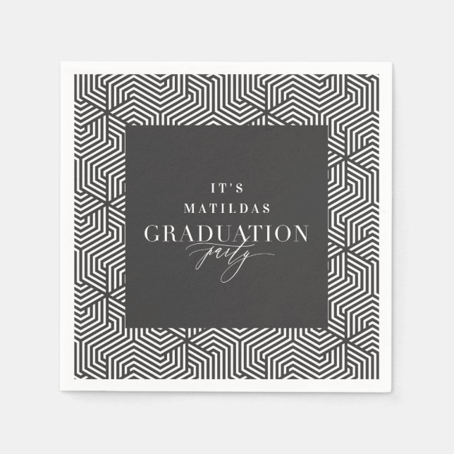 Modern geometric and script graduation party napkin (Front)