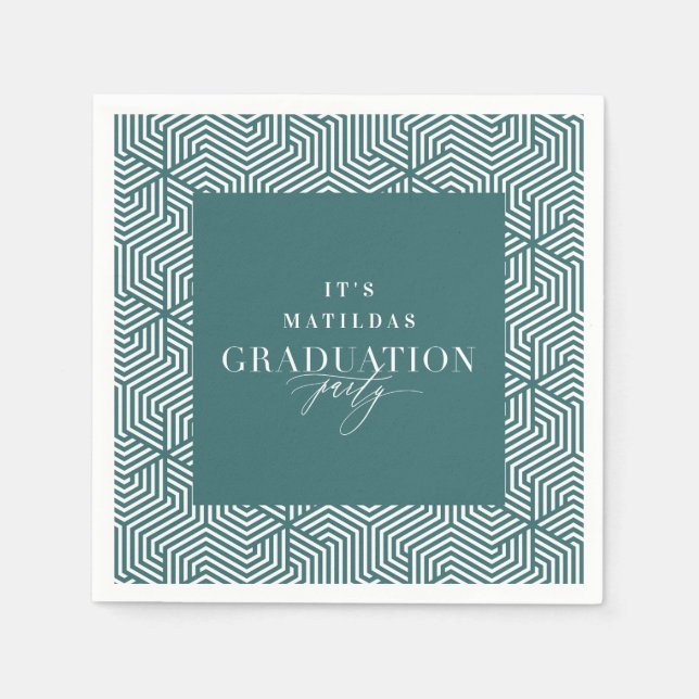 Modern geometric and script graduation party napkin (Front)