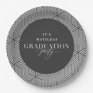 Modern geometric and script graduation party paper plate