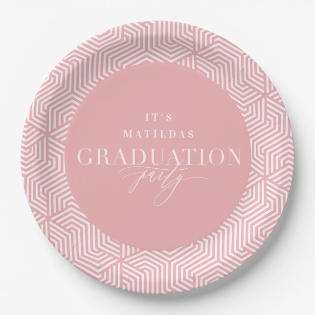 Modern geometric and script graduation party paper plate (Front)