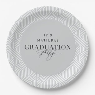 Modern geometric and script graduation party paper plate
