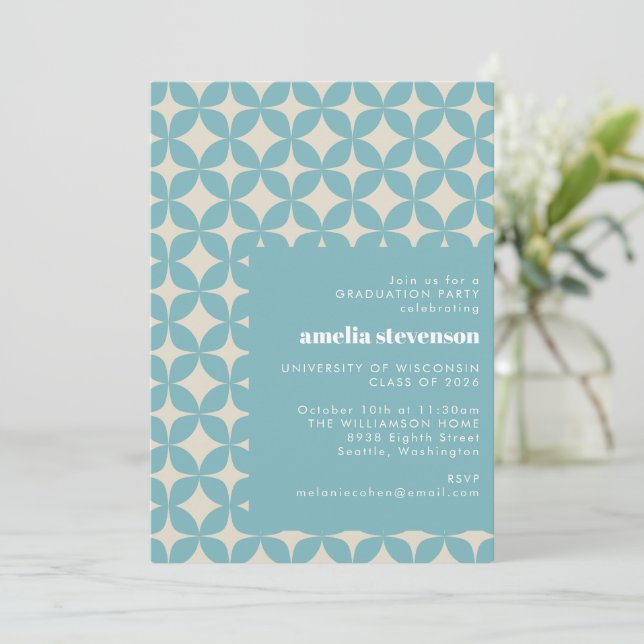 Modern Geometric Art Blue Graduation Party Photo Invitation (Standing Front)