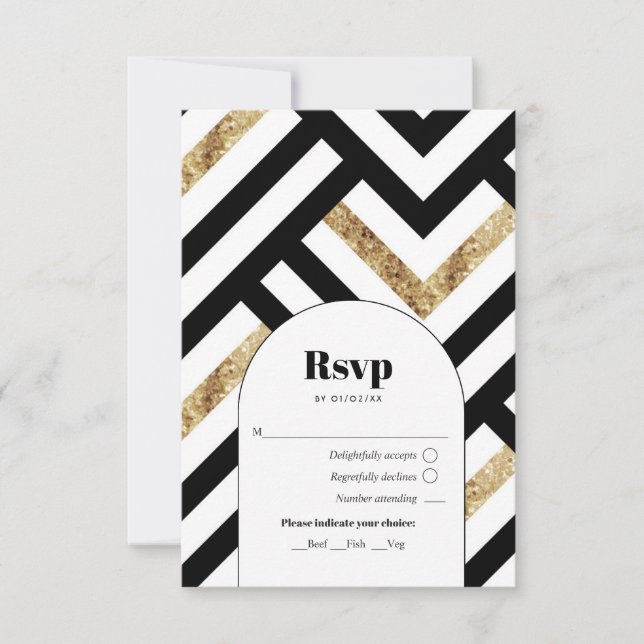 Modern Geometric Black and Gold RSVP Card (Front)