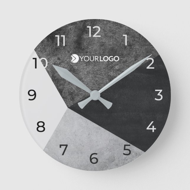 Modern Geometric Black and Grey Custom Logo Round Clock (Front)