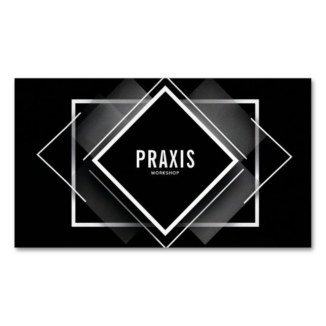 Modern Geometric Black and White Layered Diamond Magnetic Business Card (Front)