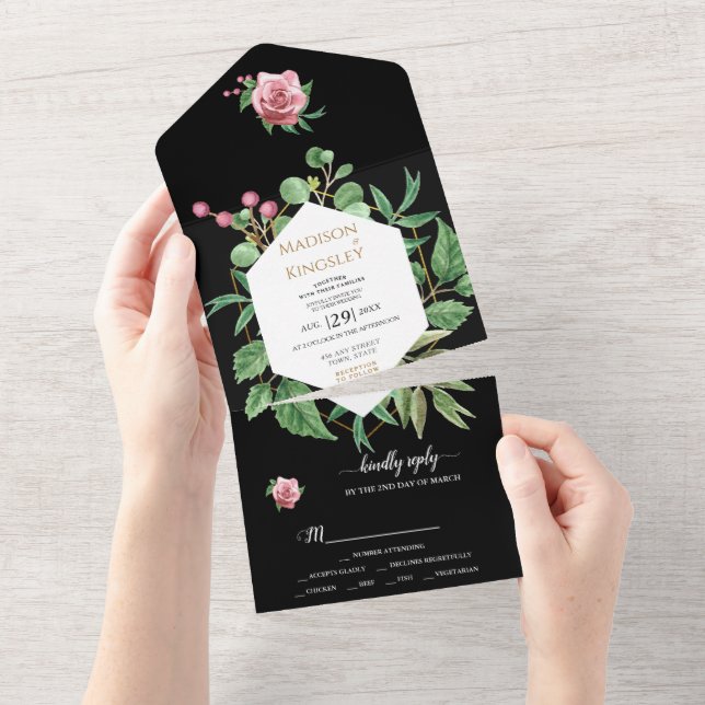 Modern Geometric Black Floral Wedding All In One Invitation (Tearaway)