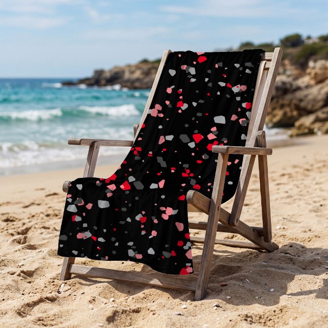Modern Geometric Black Red Terrazzo Pattern Beach Towel (Creator Uploaded)