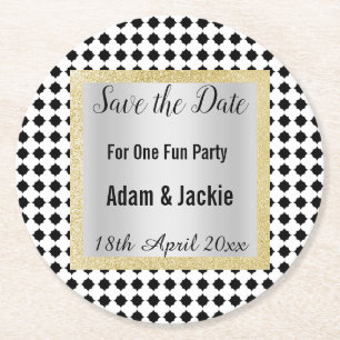 MODERN GEOMETRIC BLACK WHITE SAVE THE DATE COASTER