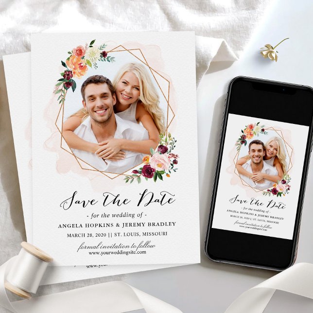 Modern Geometric Bloom Floral Photo Save the Date (Creator Uploaded)