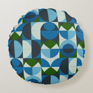 Modern Geometric Blue and Green Abstract Round Cushion