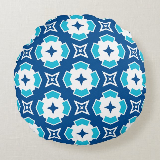 Modern Geometric Blue and White Quatrefoil Pattern Round Cushion (Front)