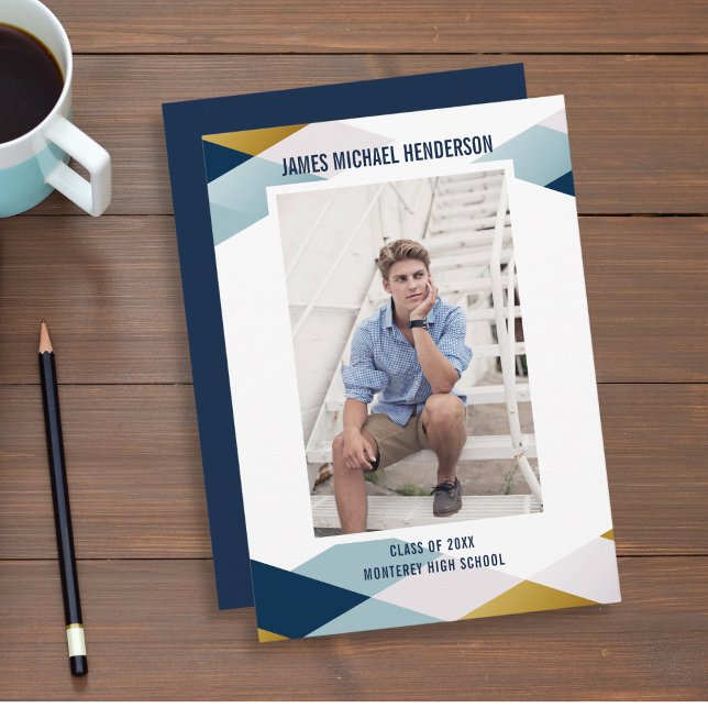 Modern Geometric Blue Grad Photo Graduation Party Invitation (Creator Uploaded)