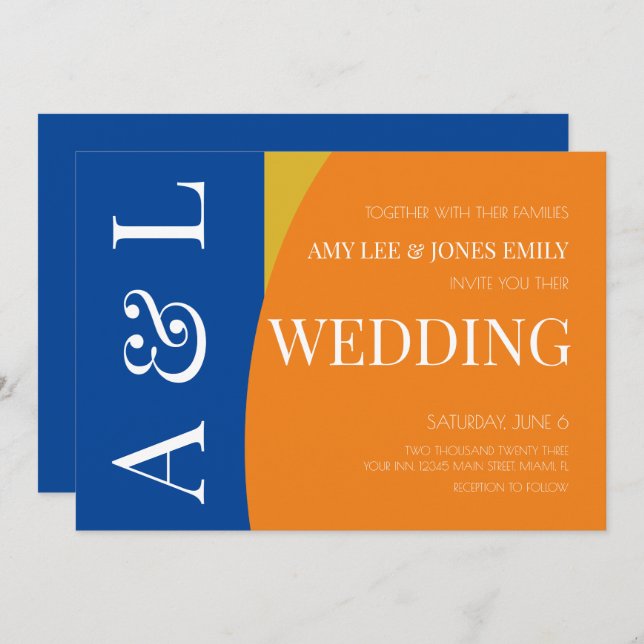 Modern Geometric Blue Mustard Bright Wedding Invitation (Front/Back)