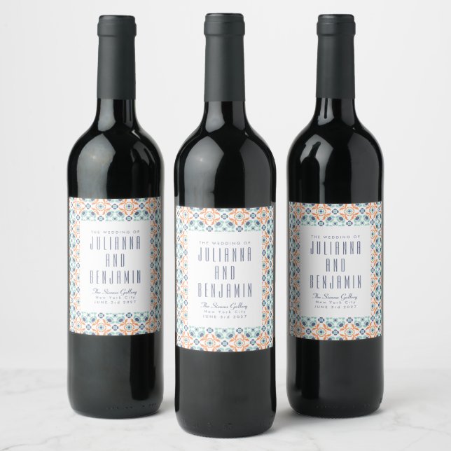 Modern Geometric Blue Orange Custom Wedding Wine Label (Bottles)