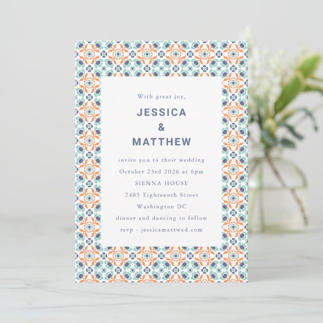 Modern Geometric Blue Orange Moroccan Wedding Invitation (Standing Front)