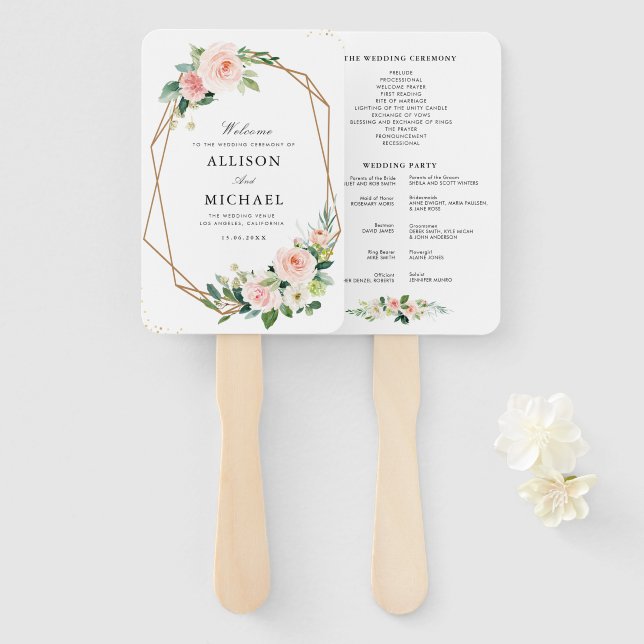 Modern geometric blush pink floral wedding program hand fan (Front and Back)
