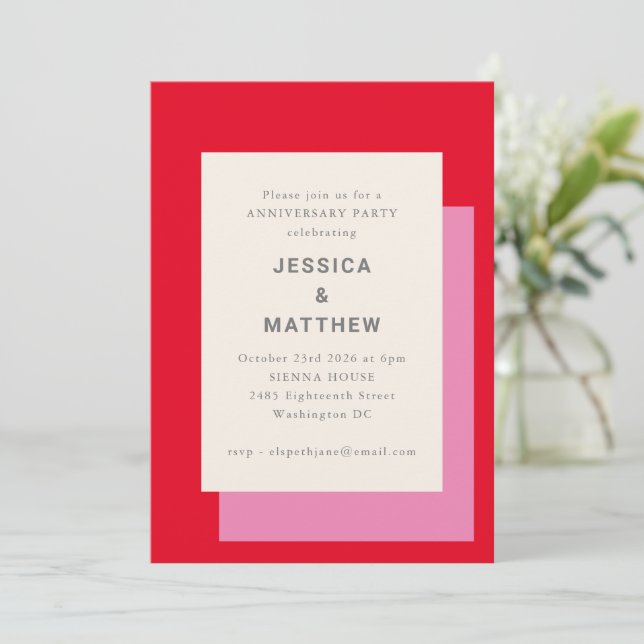 Modern Geometric Bold Pink Red Anniversary Party Invitation (Standing Front)