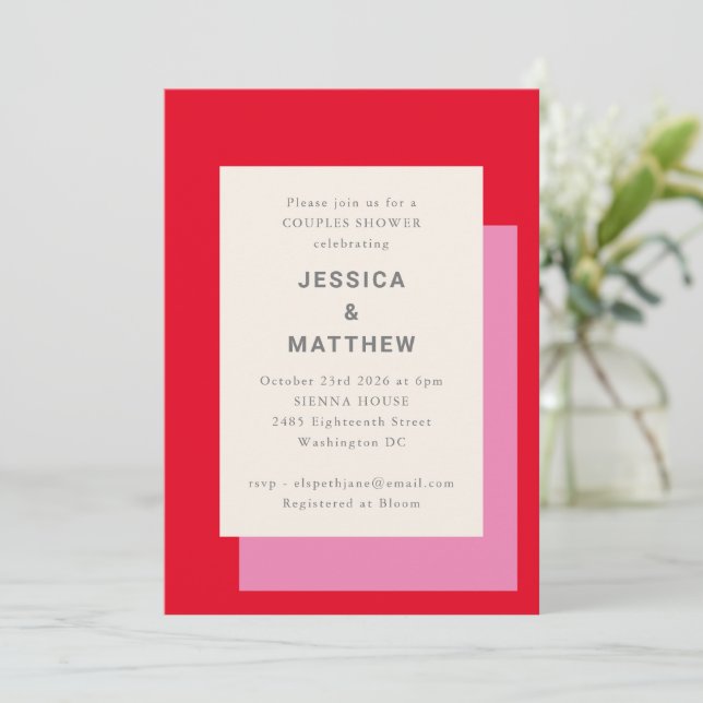 Modern Geometric Bold Pink Red Couples Shower Invitation (Standing Front)