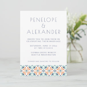 Modern Geometric Botanical Blue Orange Wedding Invitation