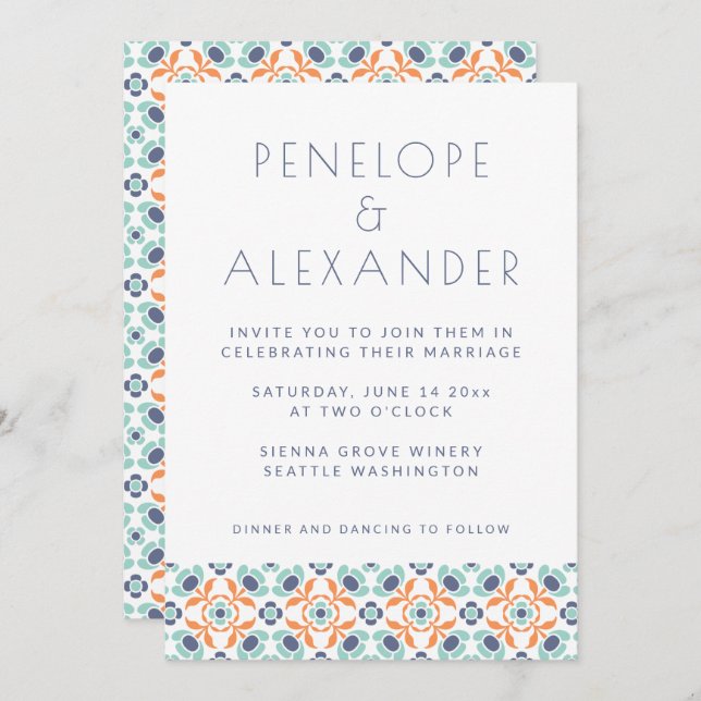 Modern Geometric Botanical Blue Orange Wedding Invitation (Front/Back)